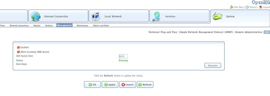 OpenRG SSH service configuration